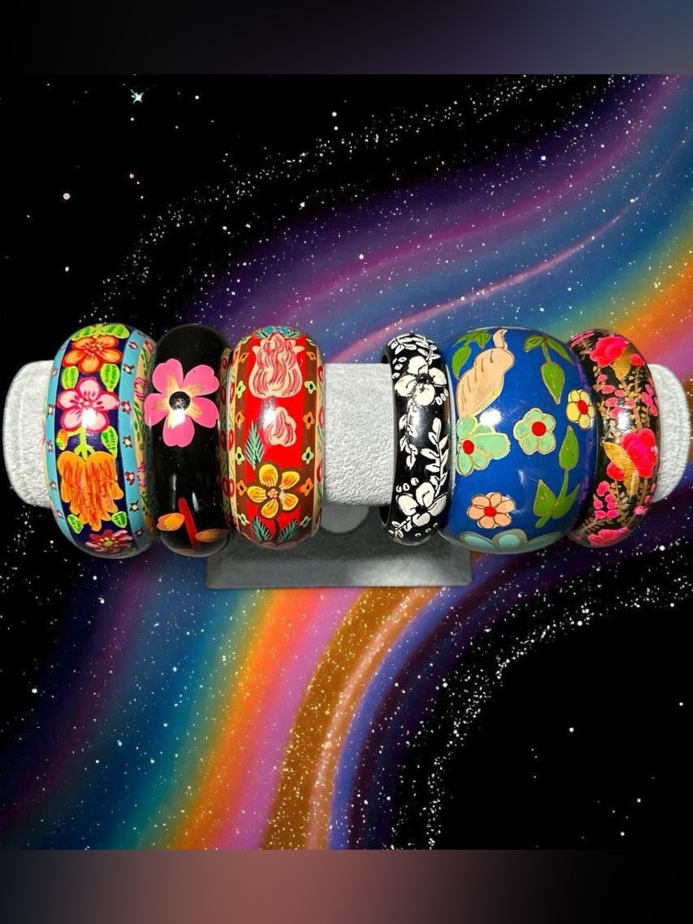 Hand-Painted Floral Bangle Bracelets - Colorful Boho Wood Bangles